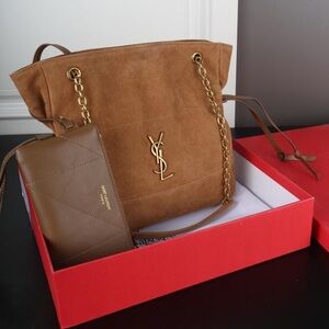 Yves Saint Laurent Tan Suede Tote with Gold Accents